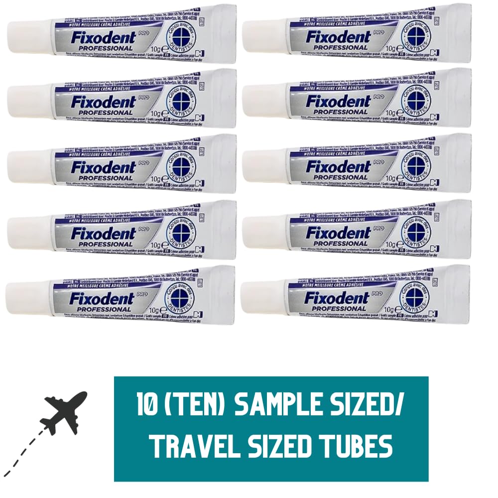 Fixodent Travel Sized/Pocket Sized Professional Denture Adhesive Cream Tubes, TSA-Approved Travel Sized Denture Adhesive with 1 Spark Dental Travel Zipper Pouch (Pack of 10 Tubes)