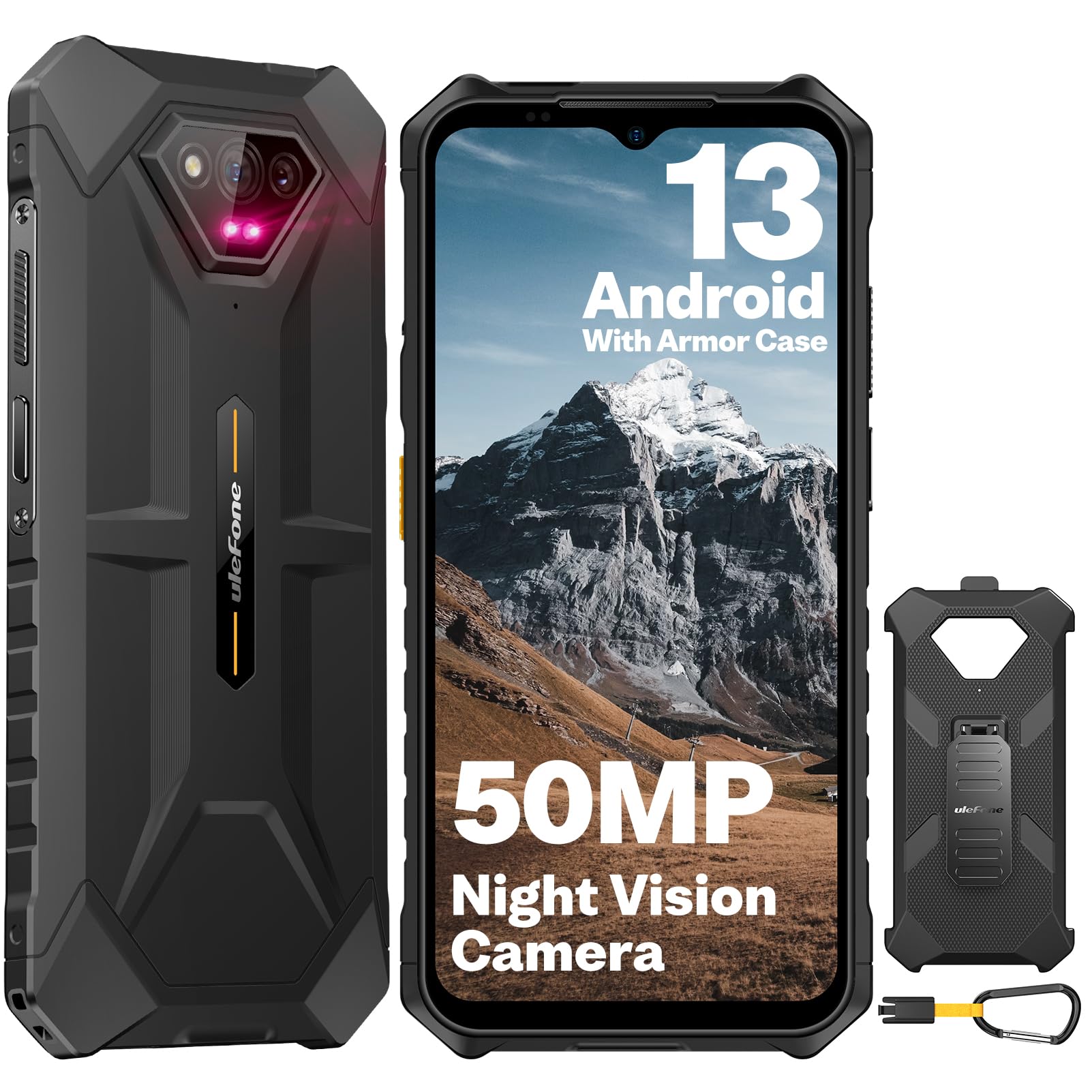 Ulefone Rugged Phones, Armor X13 (12+64GB), 50MP Rear Camera, 24MP Night Vision Camera, Android 13 OS Rugged Smartphone, 6.52” Screen, 6320mAh, NFC, GPS, Package with Exclusive Armor Case- Black