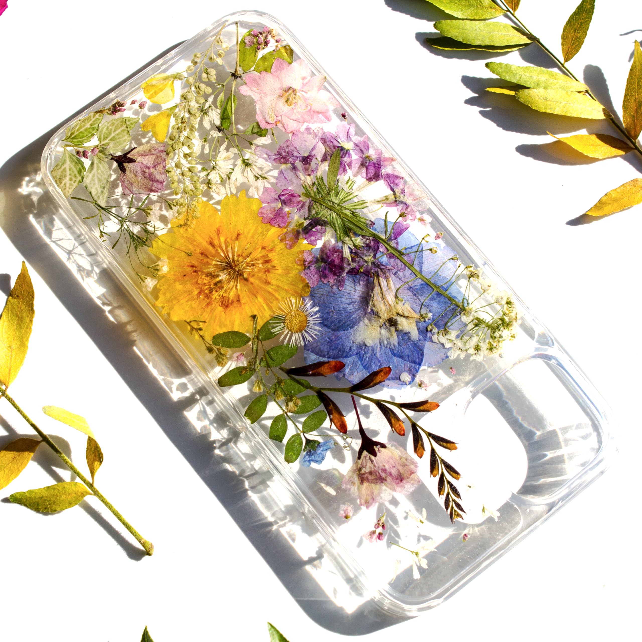 Meadow Unique Pressed flower foral Phone cases cover for Apple Iphone 15 skin cover case, Soft silicone rigid back, hybrid