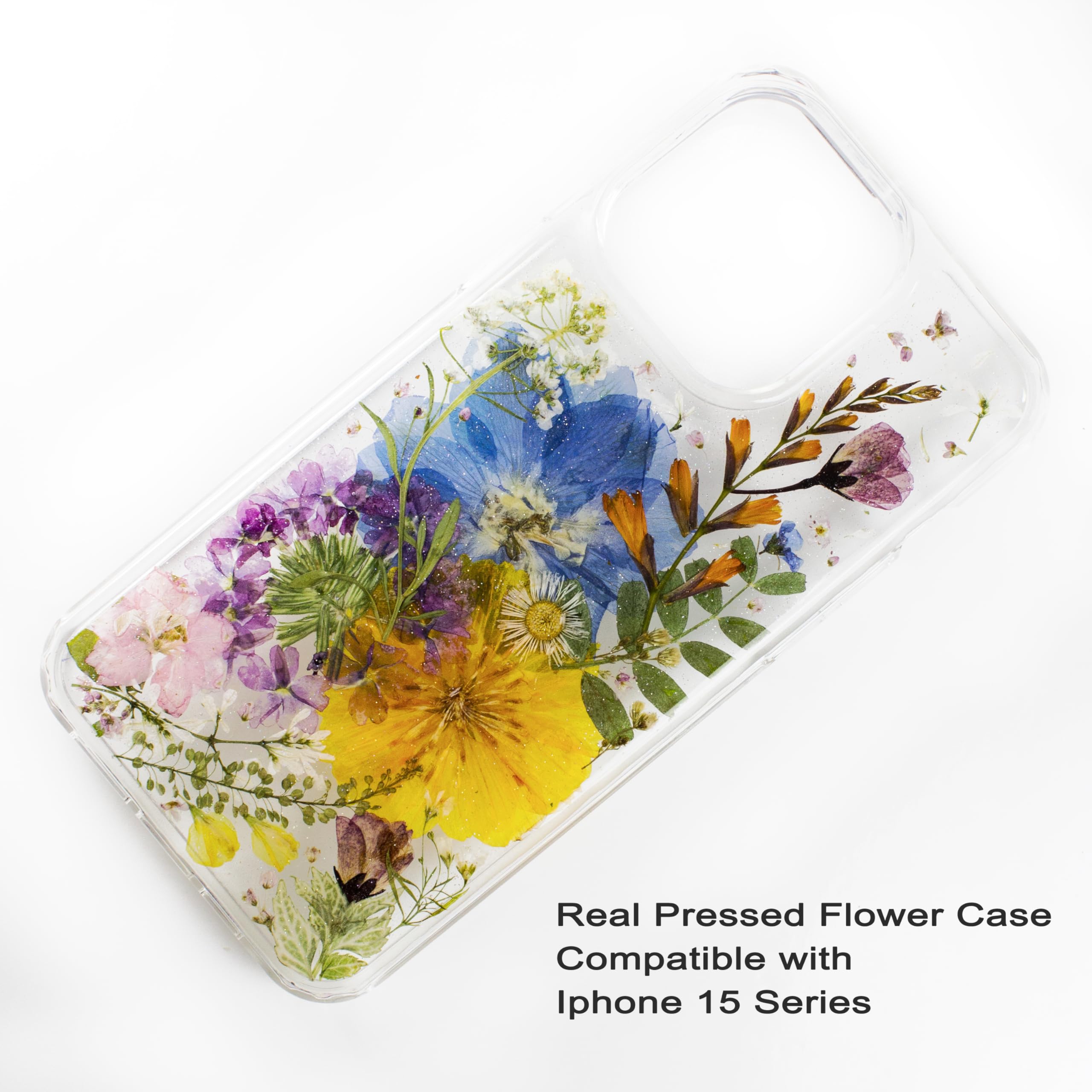 Meadow Unique Pressed flower foral Phone cases cover for Apple Iphone 15 skin cover case, Soft silicone rigid back, hybrid