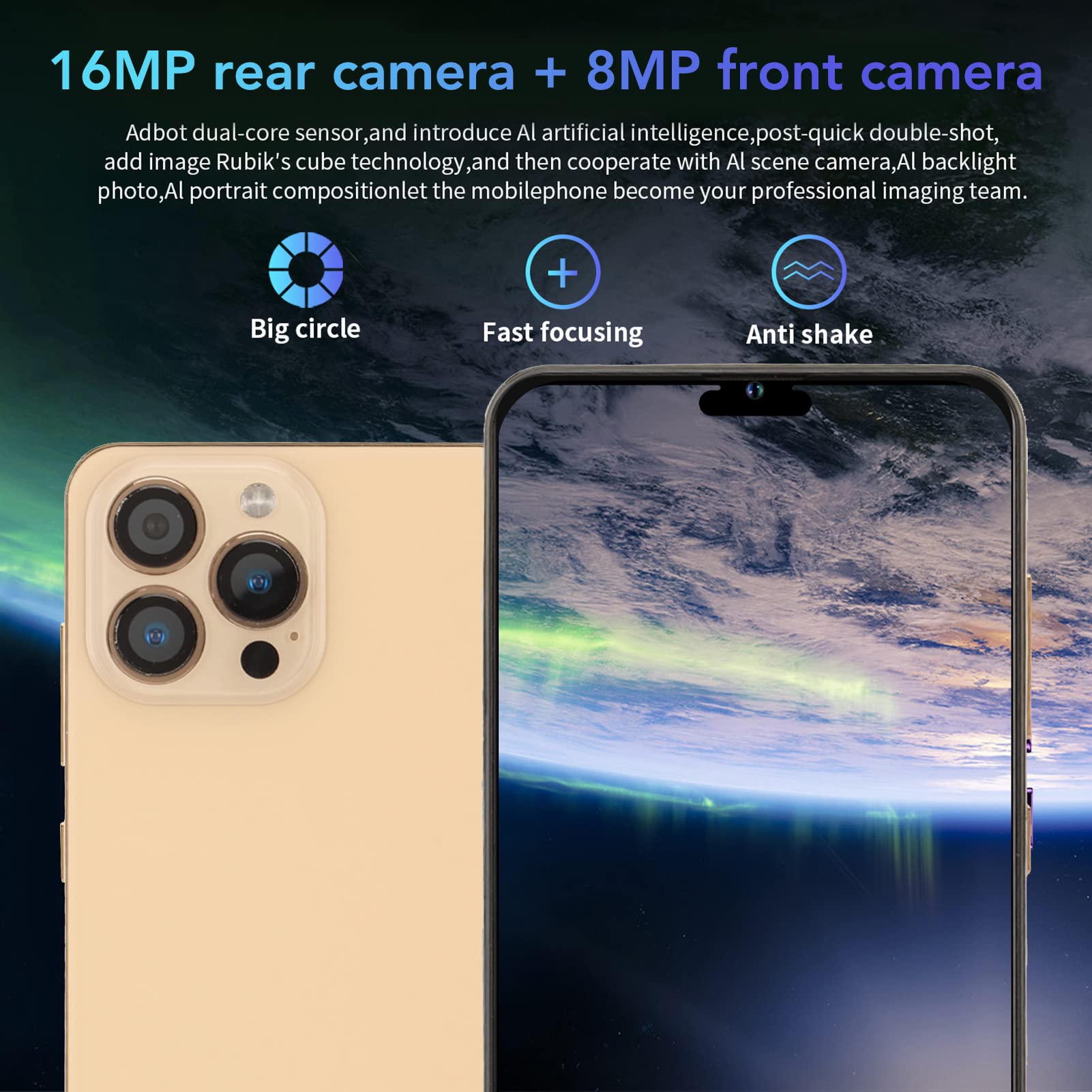 Tangxi i14pro Smartphone, MTK6580, 2.0GHz, 3500mAh Battery, 6.53 Inch HD Screen, 16MP Camera, with AI Battery Management, Face Unlock, GPS, Dual SIM Dual Standby (Gold)