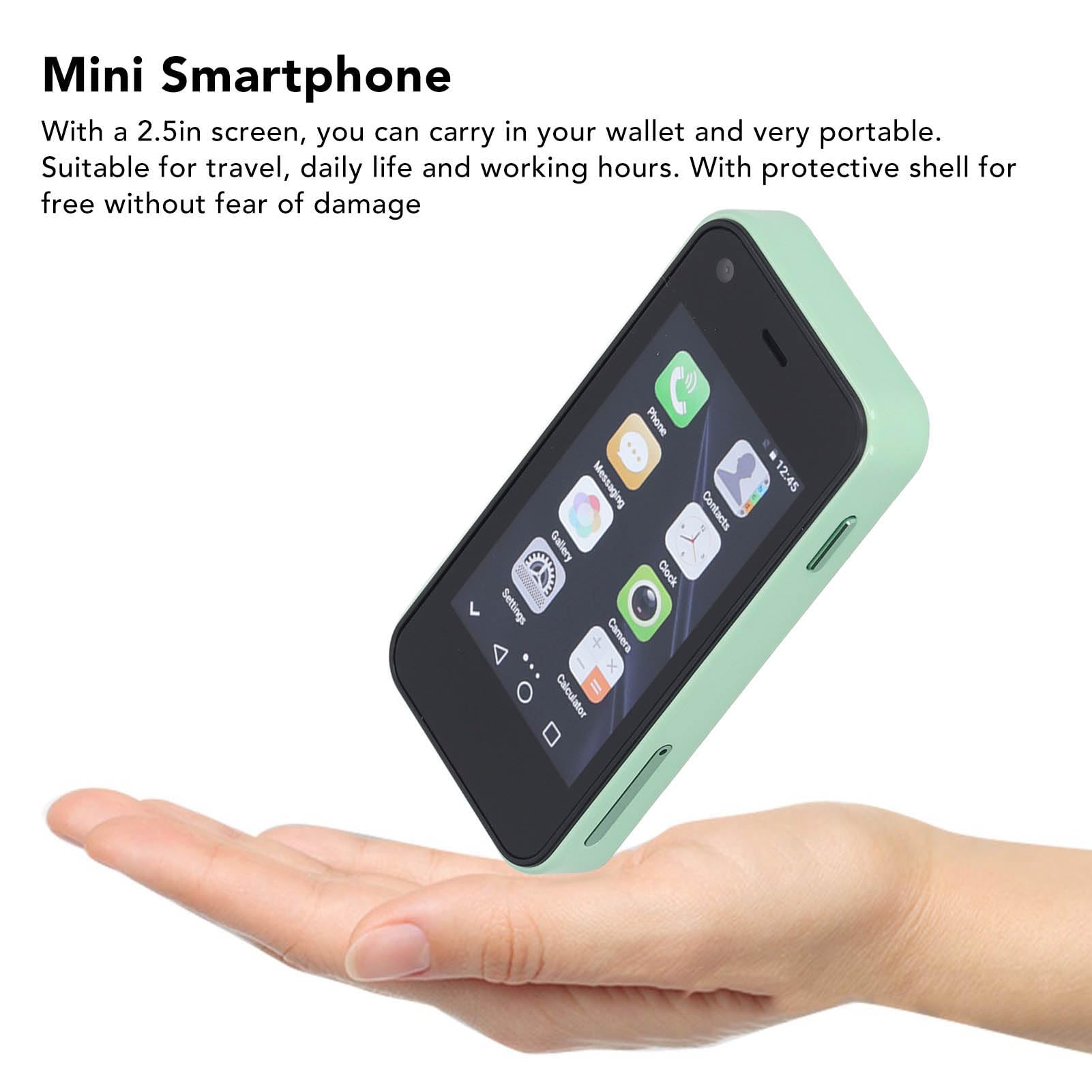 Mini Smartphone WiFi Dual SIM Mobile Phone GPS Portable Quad Core Backup with Protective Cover for Childrens Daily Life (Matcha Green)