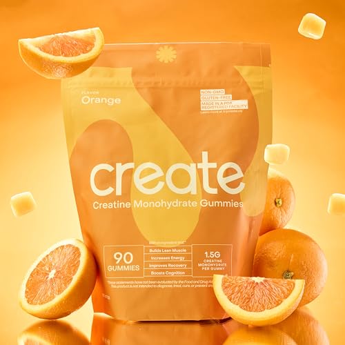 Create Creatine Monohydrate Gummies for Men & Women, Boost Focus, Strength, and Endurance, Anti-Melting Formula, Vegan, Gluten-Free, Non-GMO, 1.5g of Creatine per Gummy (Orange, 90ct)