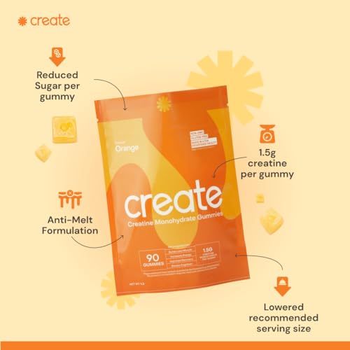 Create Creatine Monohydrate Gummies for Men & Women, Boost Focus, Strength, and Endurance, Anti-Melting Formula, Vegan, Gluten-Free, Non-GMO, 1.5g of Creatine per Gummy (Orange, 90ct)