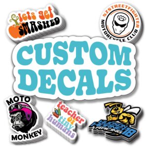 custom design your own vinyl decals stickers labels. upload your photo, text, logo, or image. uv fade resistant, dishwasher safe, vinyl has air release adhesive for bubble free installation.