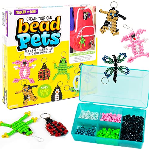 Made By Me Create Your Own Bead Pets, Includes Over 640 Beads, Lanyard Clips, Keyrings, & Storage Box, Create Your Own Backpack Keychain Kit, DIY Bead Art Crafts for Kids & Beginners