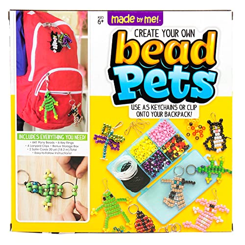 Made By Me Create Your Own Bead Pets, Includes Over 640 Beads, Lanyard Clips, Keyrings, & Storage Box, Create Your Own Backpack Keychain Kit, DIY Bead Art Crafts for Kids & Beginners