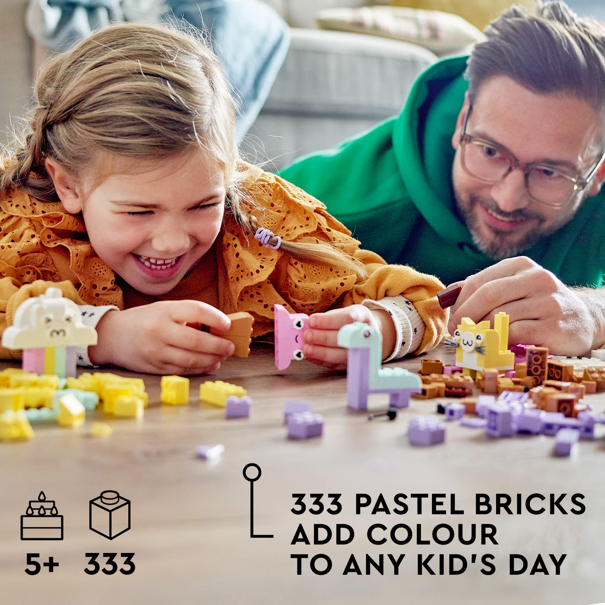 LEGO Classic Creative Pastel Fun Bricks Box 11028, Building Toys for Kids, Girls, Boys ages 5 Plus with Models; Ice Cream, Dinosaur, Cat & More, Creative Learning Gift