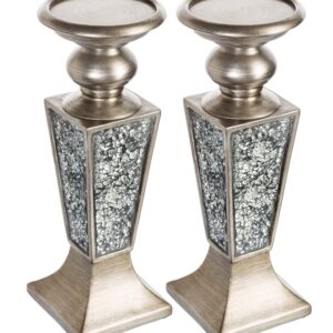 Creative Scents Schonwerk Pillar Candle Holder Set of 2 - Crackled Mosaic Design - Coffee Table Decor - Decoration Centerpiece for Living Room or Dining Room - Best Wedding Gift (Silver)