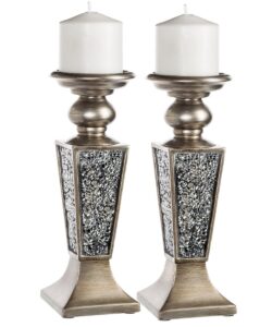 creative scents schonwerk pillar candle holder set of 2 - crackled mosaic design - coffee table decor - decoration centerpiece for living room or dining room - best wedding gift (silver)