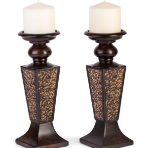 Creative Scents Schonwerk Pillar Candle Holder Set of 2- Crackled Mosaic Design- Functional Table Decorations- Centerpieces for Dining/Living Room- Best Wedding Gift (Brown)