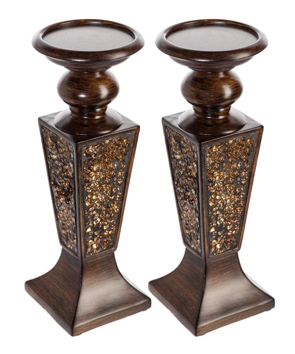 Creative Scents Schonwerk Pillar Candle Holder Set of 2- Crackled Mosaic Design- Functional Table Decorations- Centerpieces for Dining/Living Room- Best Wedding Gift (Brown)