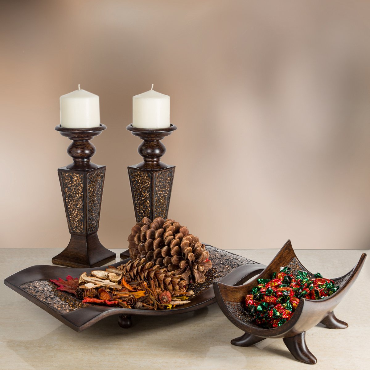 Creative Scents Schonwerk Pillar Candle Holder Set of 2- Crackled Mosaic Design- Functional Table Decorations- Centerpieces for Dining/Living Room- Best Wedding Gift (Brown)