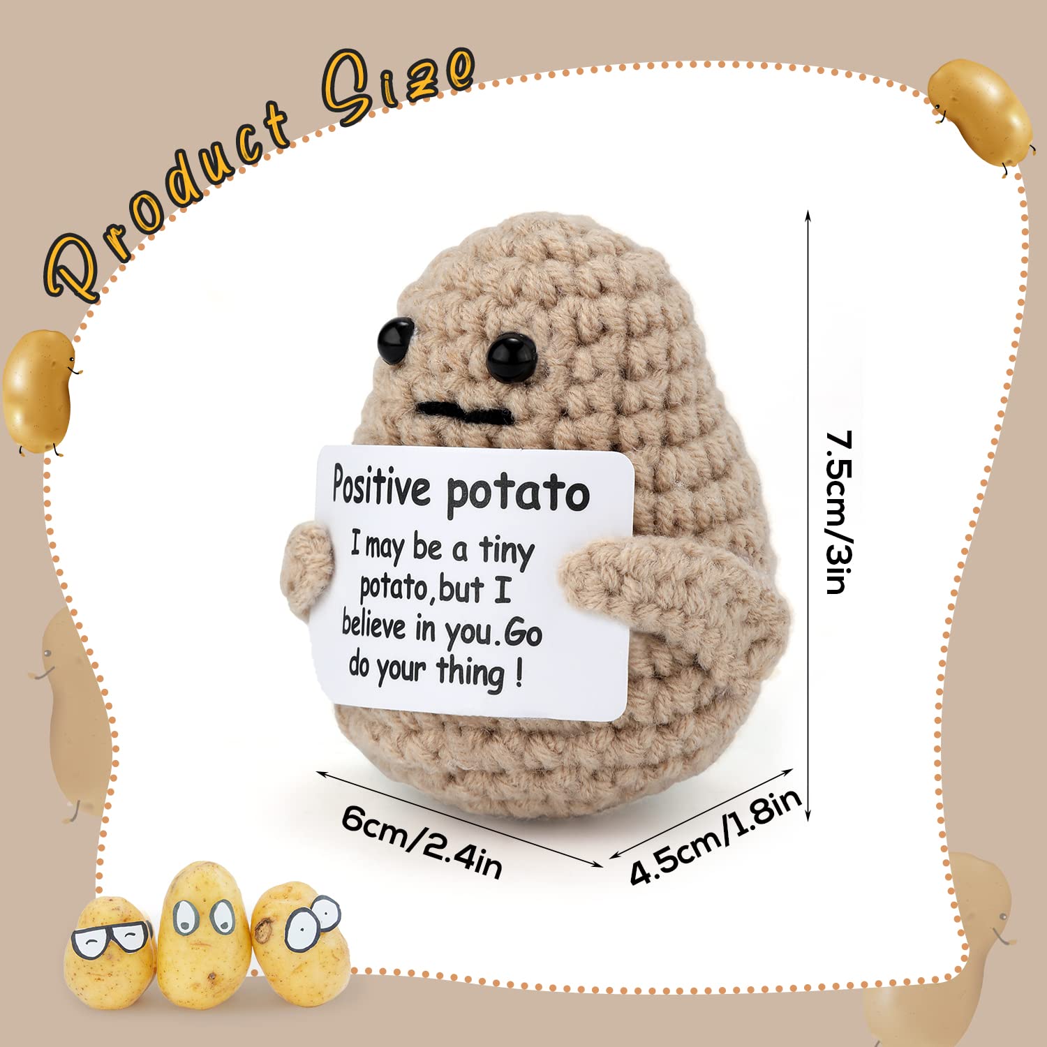 Mini Funny Knitted Wool Potato Toy with Positive Card - Creative Cute Crochet Doll Cheer Up Gift for Friends, Parties, Christmas Decoration and Encouragement