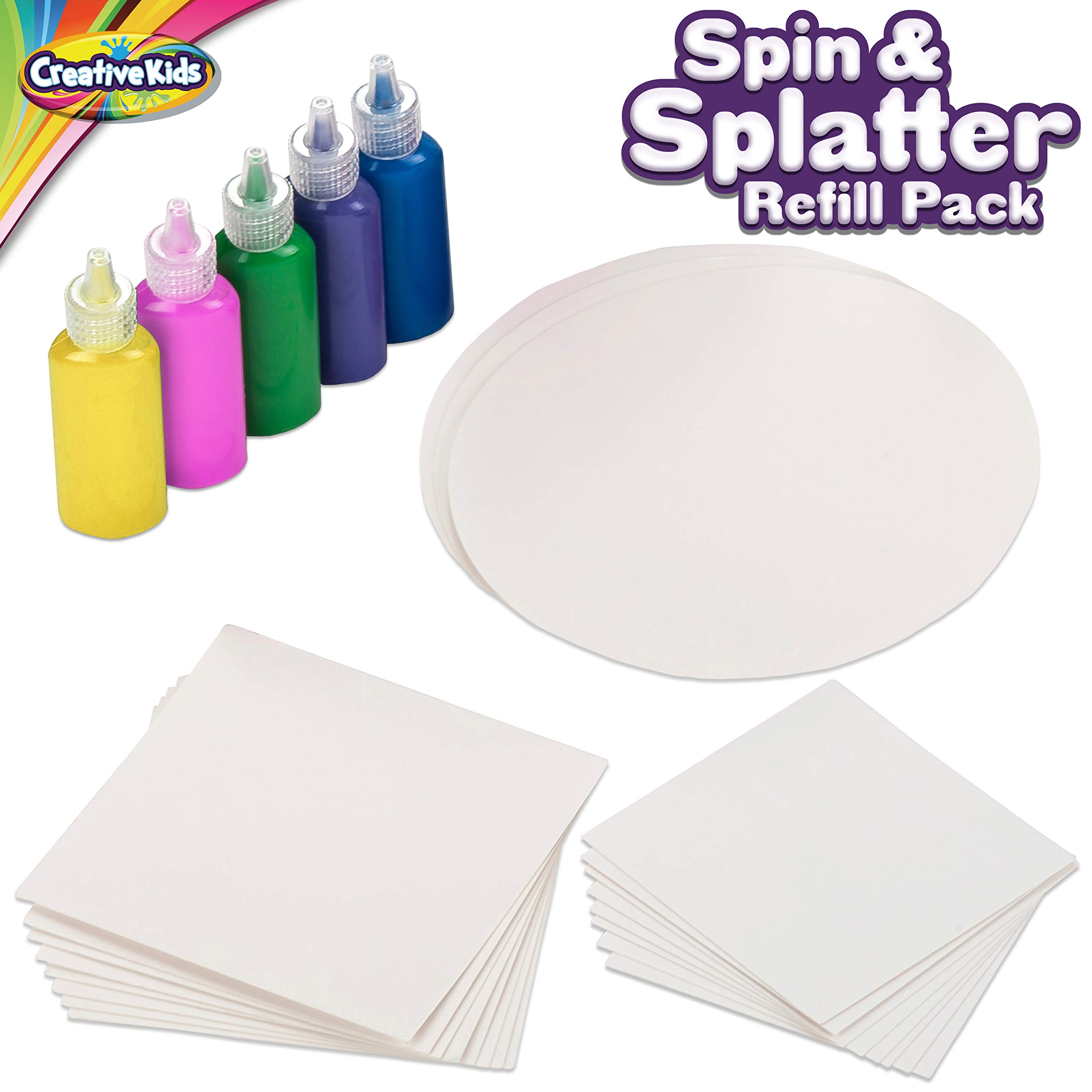 Creative Kids Spin & Paint Refill Pack - 8 x Large Cards - 8 x Small Cards - 4 x Round Cards - 5 Bottles of Colored Paint