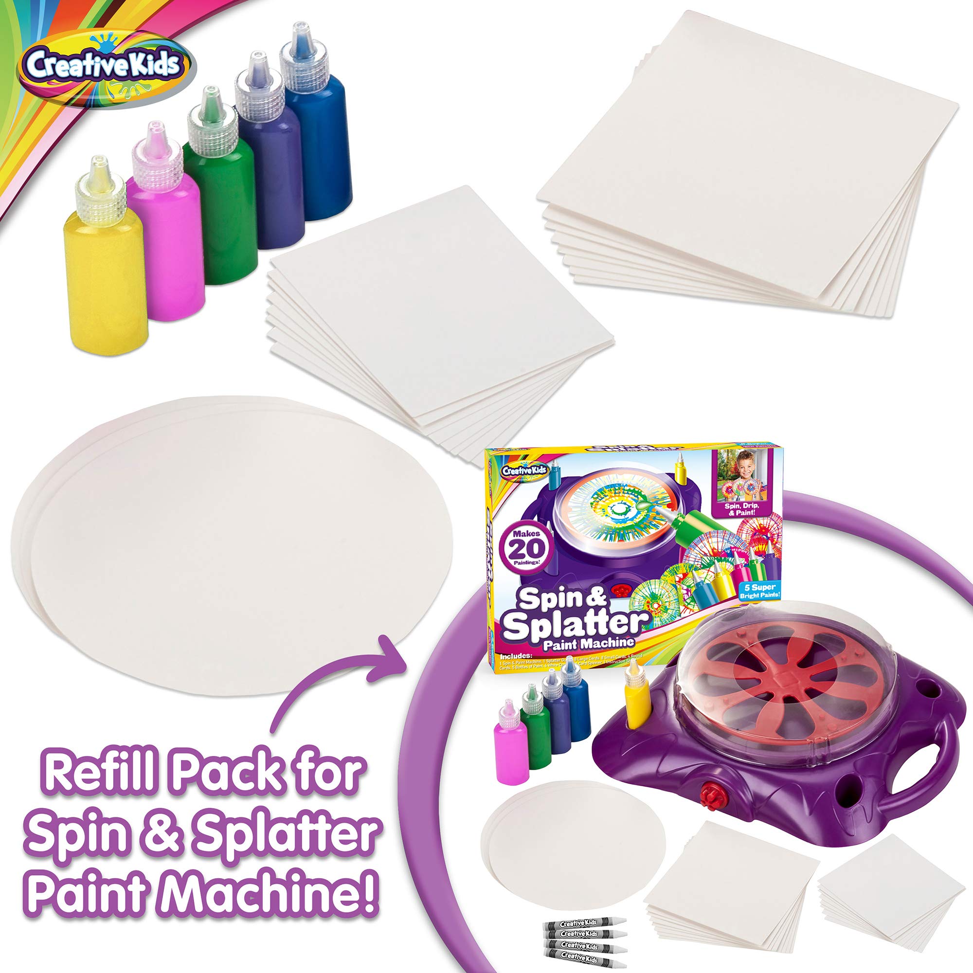 Creative Kids Spin & Paint Refill Pack - 8 x Large Cards - 8 x Small Cards - 4 x Round Cards - 5 Bottles of Colored Paint