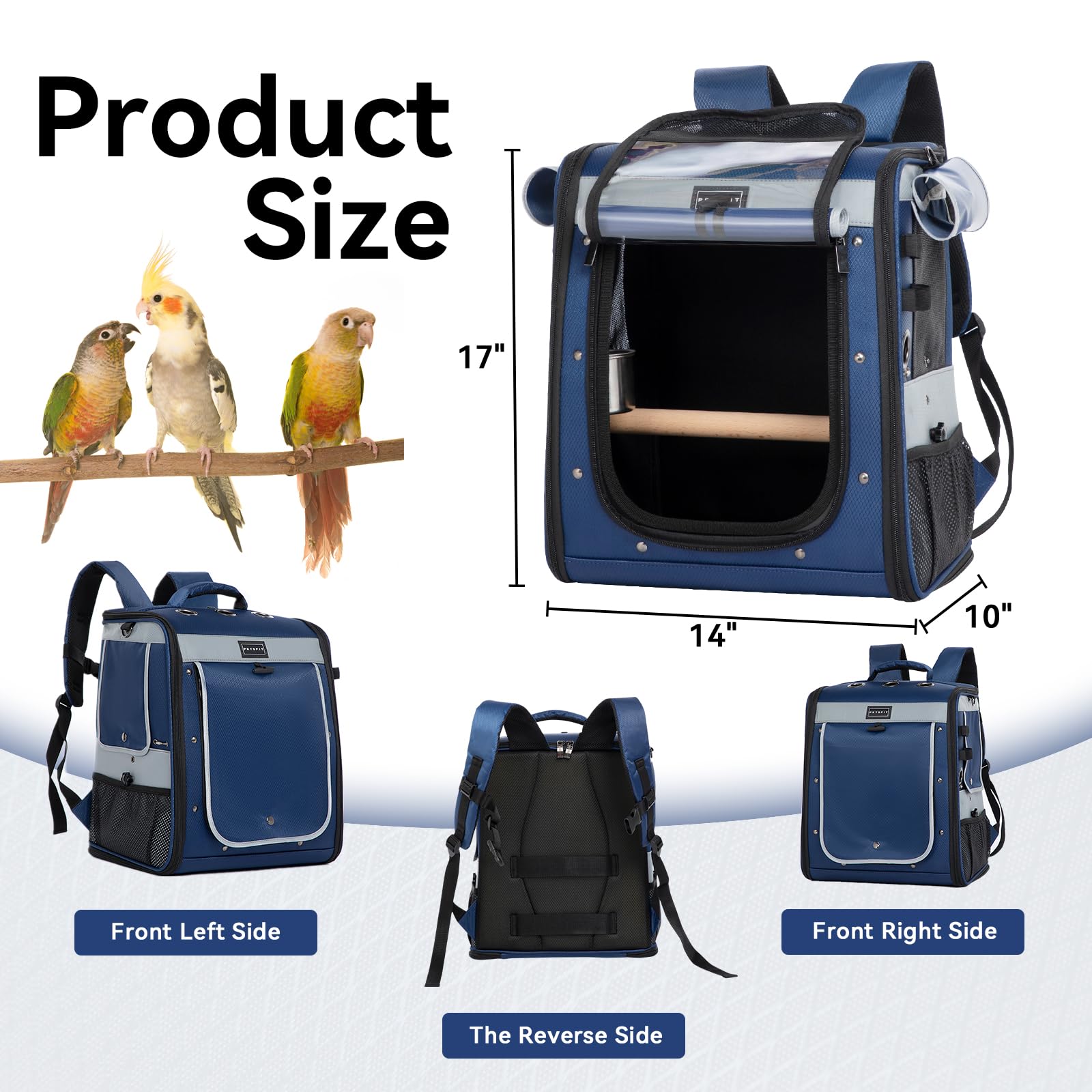 Petsfit Bird Backpack with Anti-Pecking Band, Medium Size with 2 Level Height to Adjust Standing Perch and Shade Cover Blue