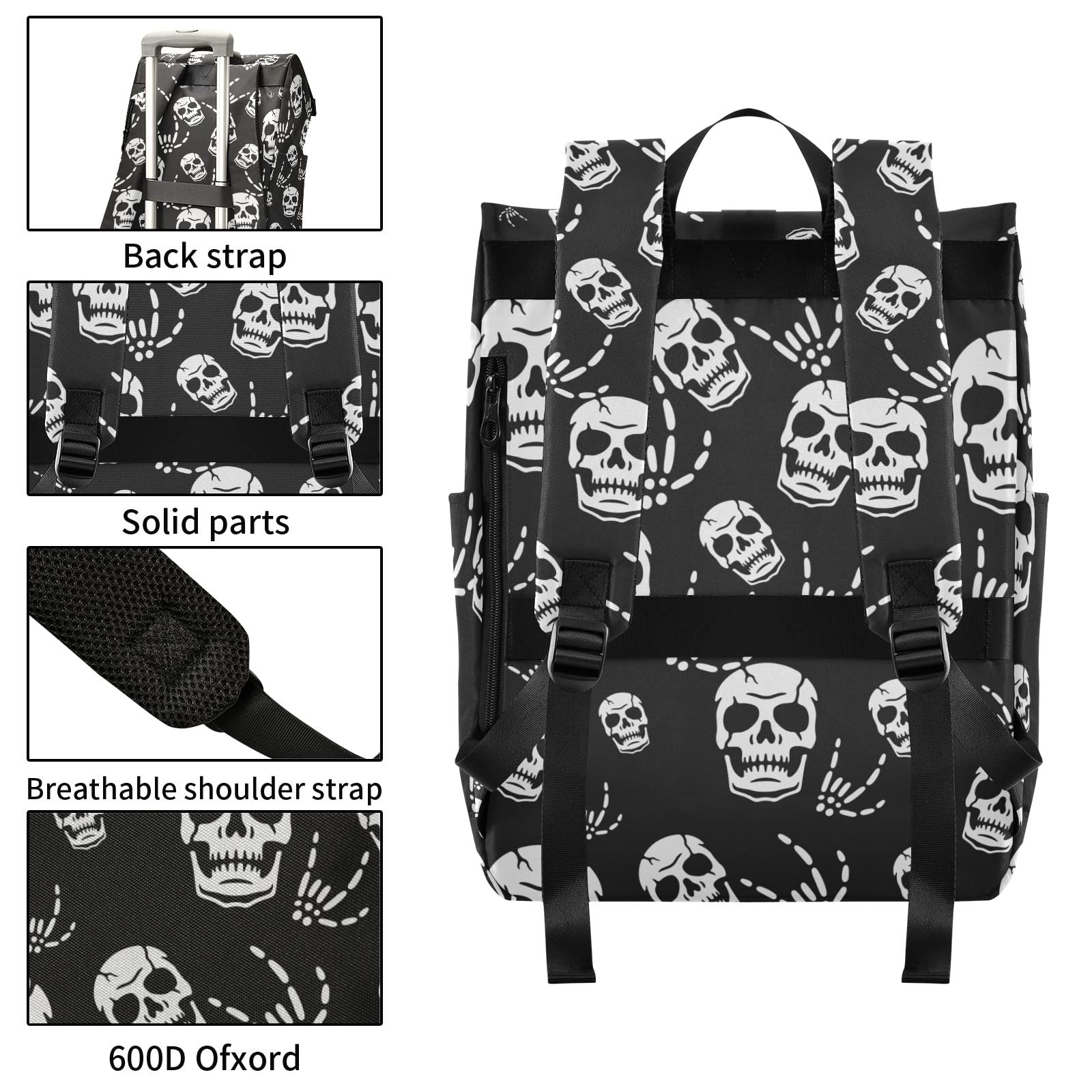 CBBYY Gothic Skeleton Travel Roll Top Backpack for Men, Expandable Waterproof Trendy Laptop Backpack