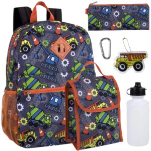 boys 6 in 1 school backpack set with lunch box, pencil case, and water bottle attached for kids kindergarten, elementary, and middle school with fun fidget keychains (tough trucks)