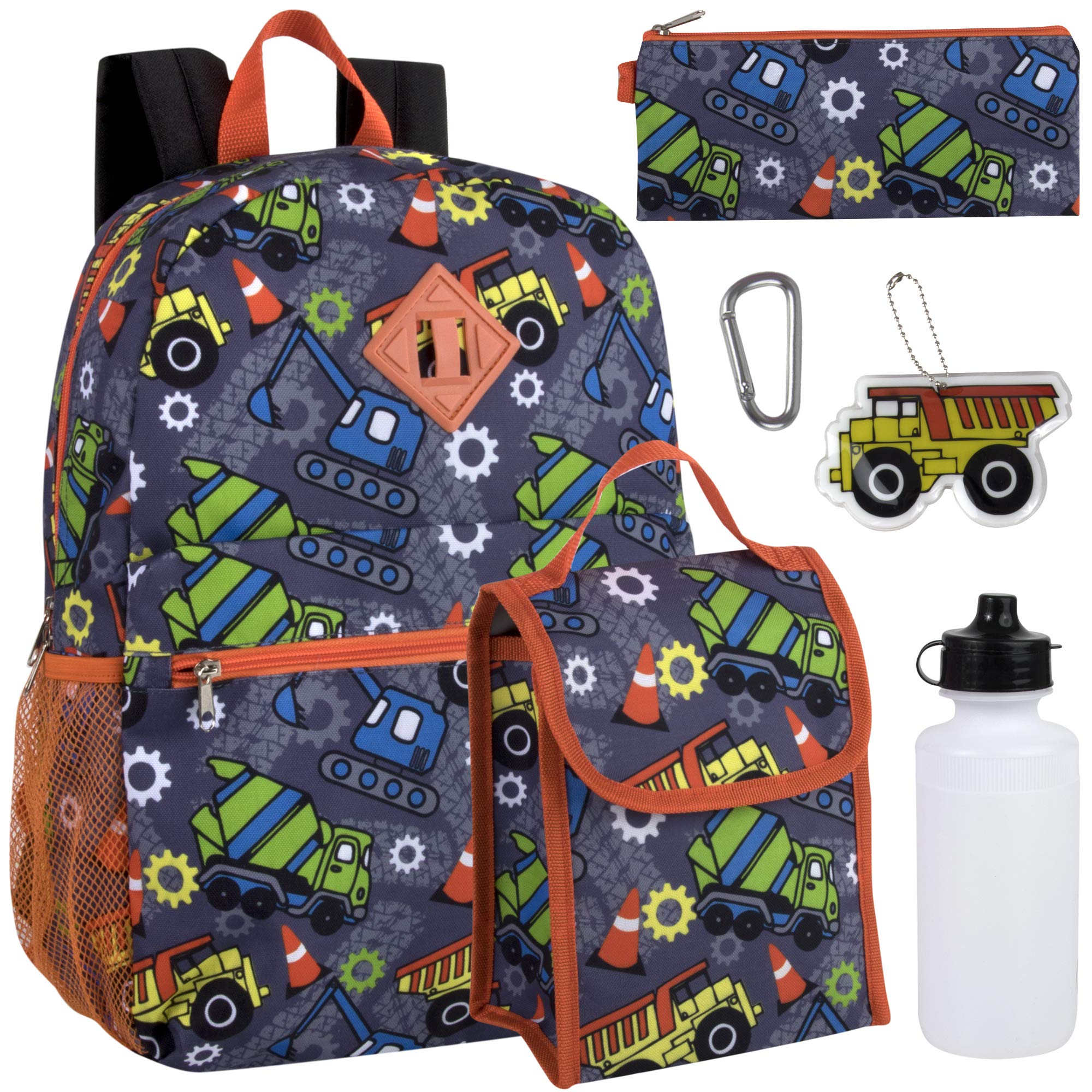 Boys 6 in 1 School Backpack Set with Lunch Box, Pencil Case, and Water Bottle Attached for Kids Kindergarten, Elementary, and Middle School with Fun Fidget Keychains (Tough Trucks)