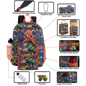 Boys 6 in 1 School Backpack Set with Lunch Box, Pencil Case, and Water Bottle Attached for Kids Kindergarten, Elementary, and Middle School with Fun Fidget Keychains (Tough Trucks)