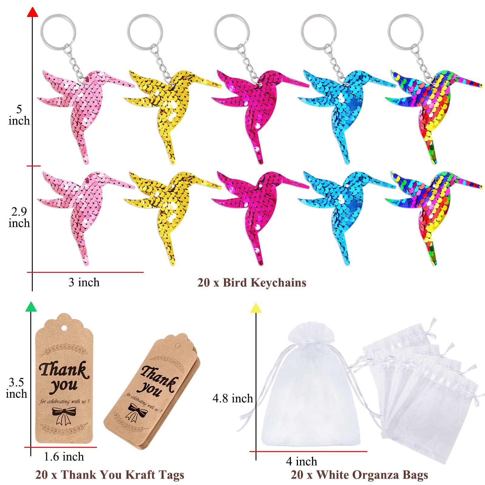 CiciBear 60 Pack Double-Deck Hummingbird Sequin Keychain Set with 20 Hummingbird Keychains, 20 Thank You Tags and 20 Bags for Hawaiian Tropical Party Favor, Kids and Birthday, Baby Shower, 5 Colors