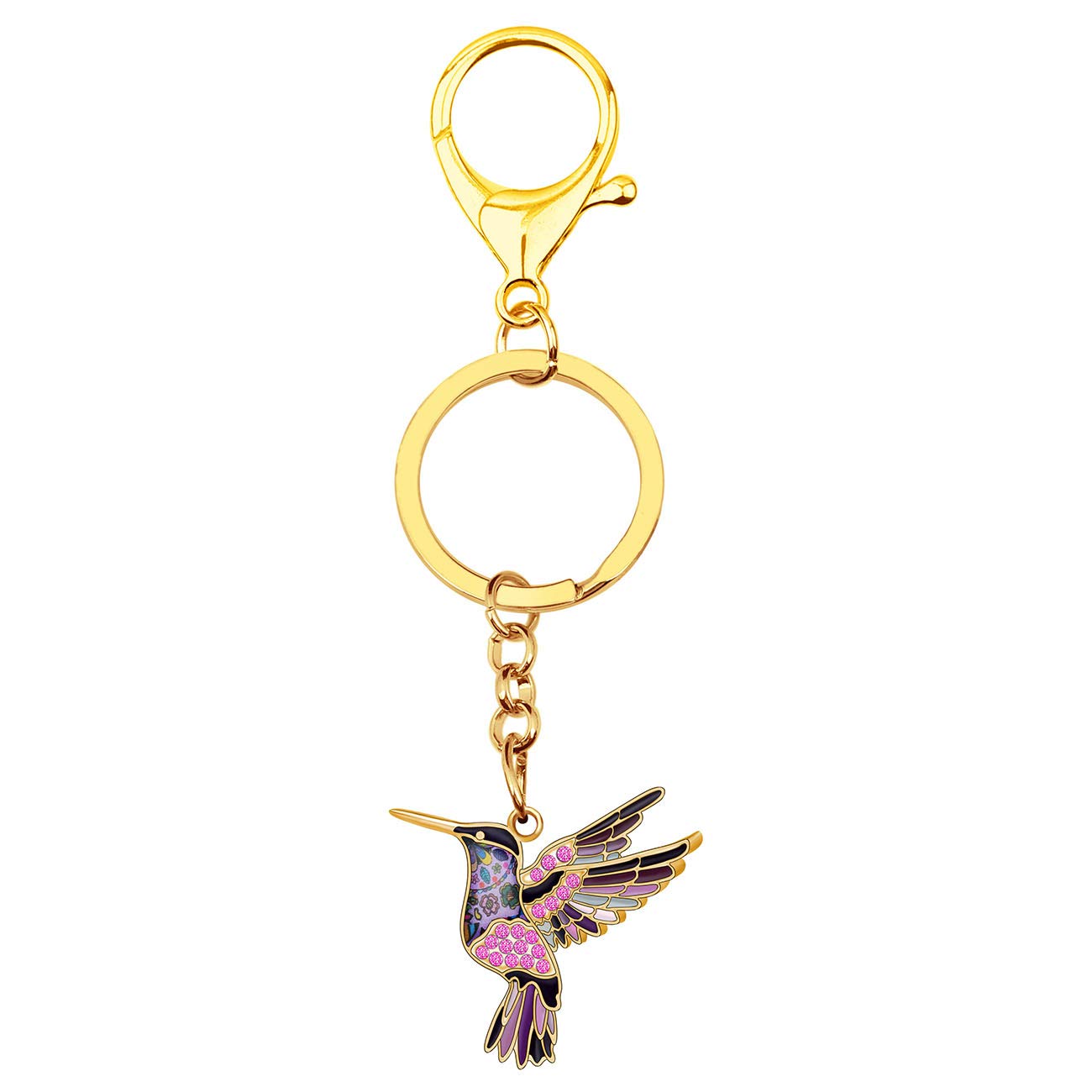 DALANE Enamel Alloy Crystal Hummingbird Keychains Birds Bag Key Ring Jewelry for Women Girls Charms Gifts (Gold Plated Purple)