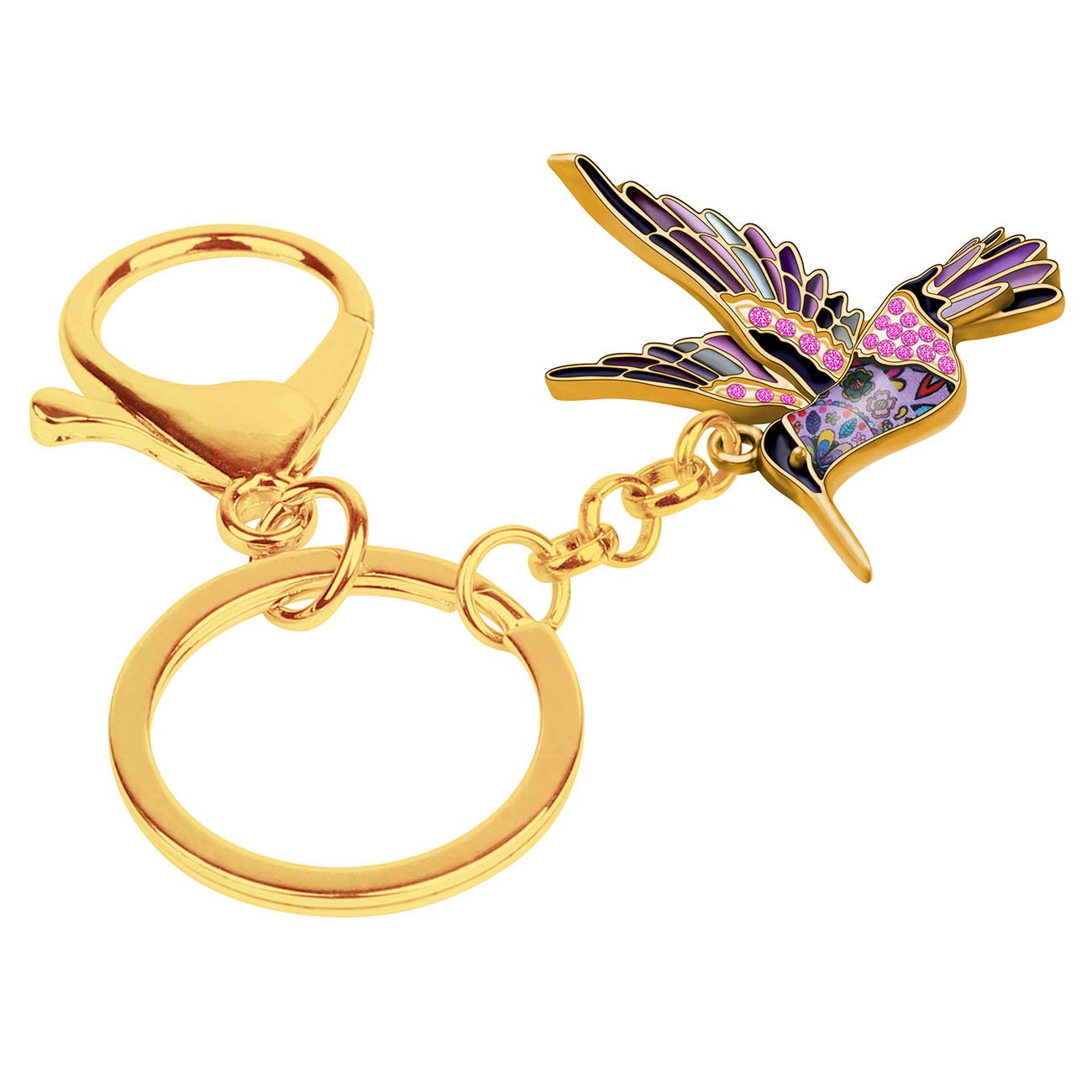 DALANE Enamel Alloy Crystal Hummingbird Keychains Birds Bag Key Ring Jewelry for Women Girls Charms Gifts (Gold Plated Purple)