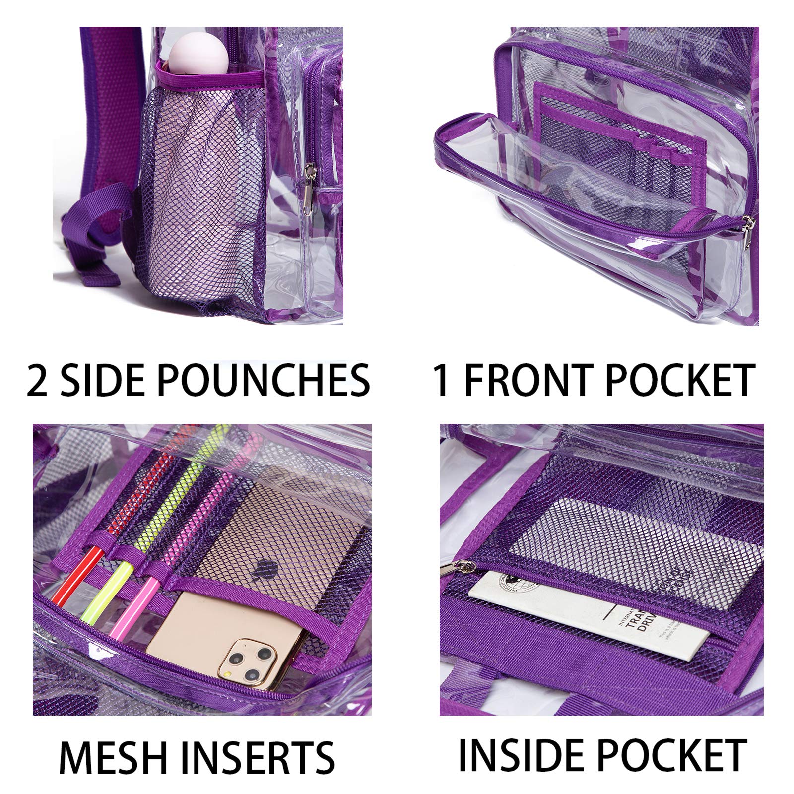 Vorspack Clear Backpack Heavy Duty PVC Transparent Backpack with Reinforced Strap & Large Capacity for College Workplace Security - Purple