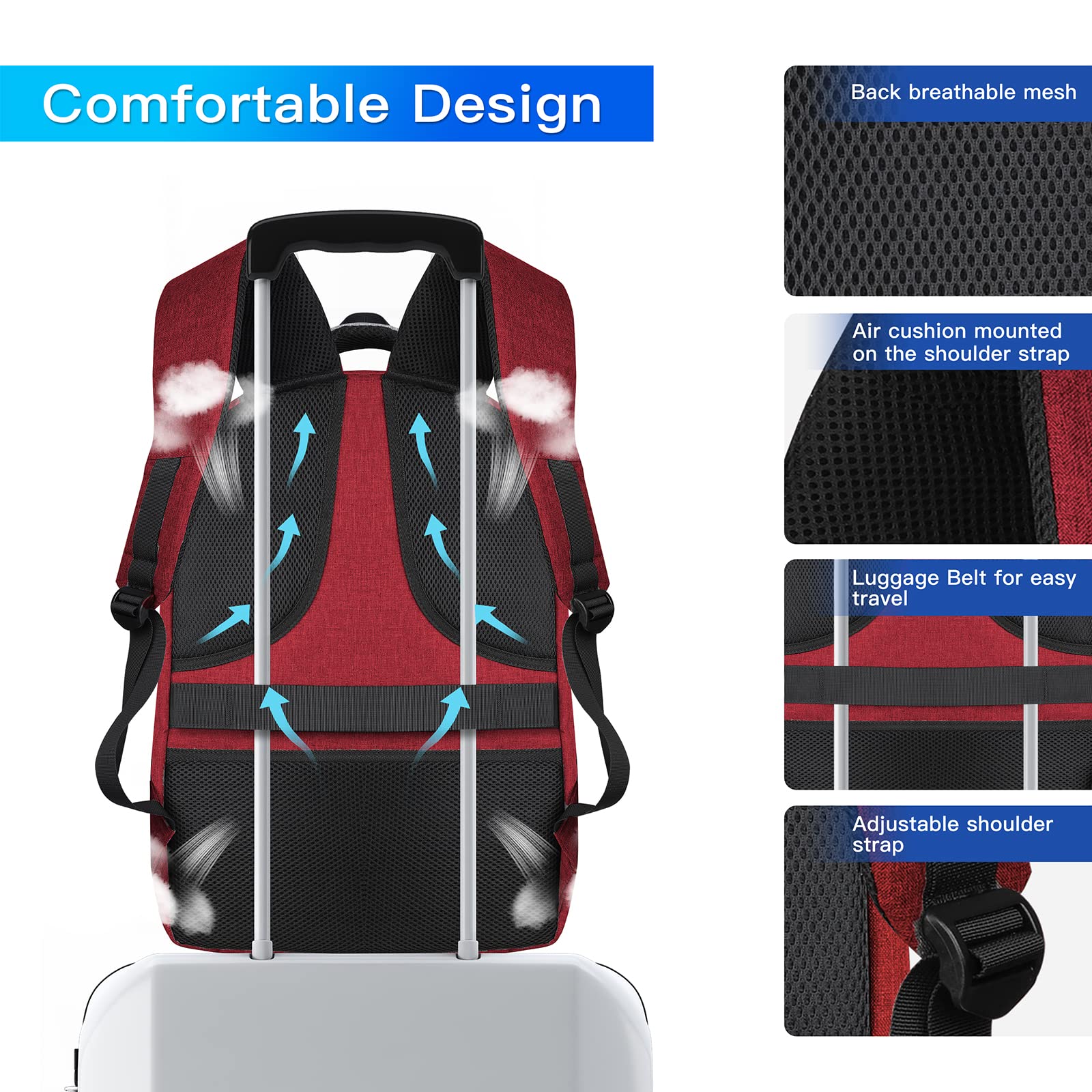 Big Travel Backpack, Large Laptop Backpack, TSA Approved Bag 42L, Anti-Theft Water Resistant Computer Daypack 17.3 Inch with USB Port, Business College Teacher Weekender Back Pack for Men Women, Red