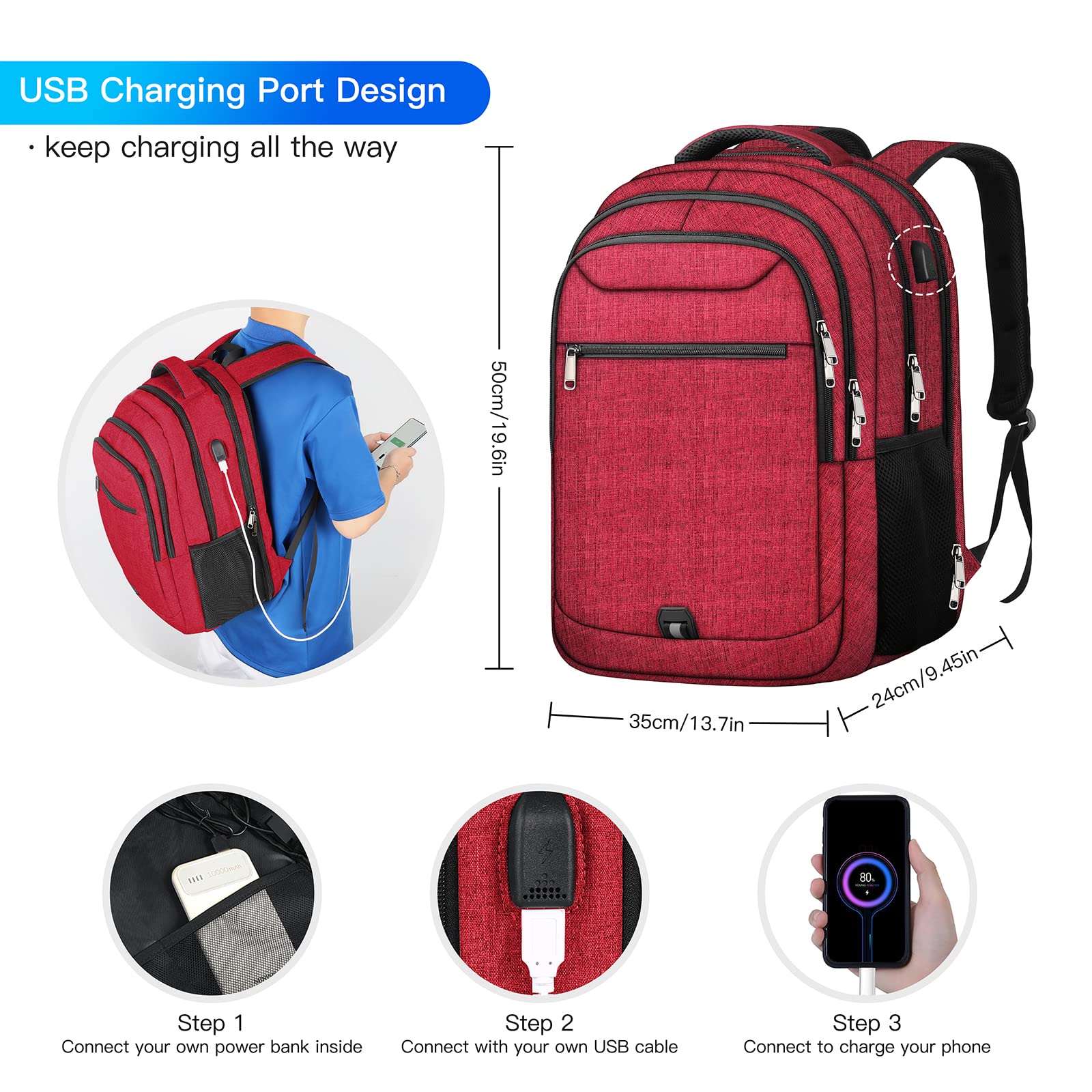 Big Travel Backpack, Large Laptop Backpack, TSA Approved Bag 42L, Anti-Theft Water Resistant Computer Daypack 17.3 Inch with USB Port, Business College Teacher Weekender Back Pack for Men Women, Red