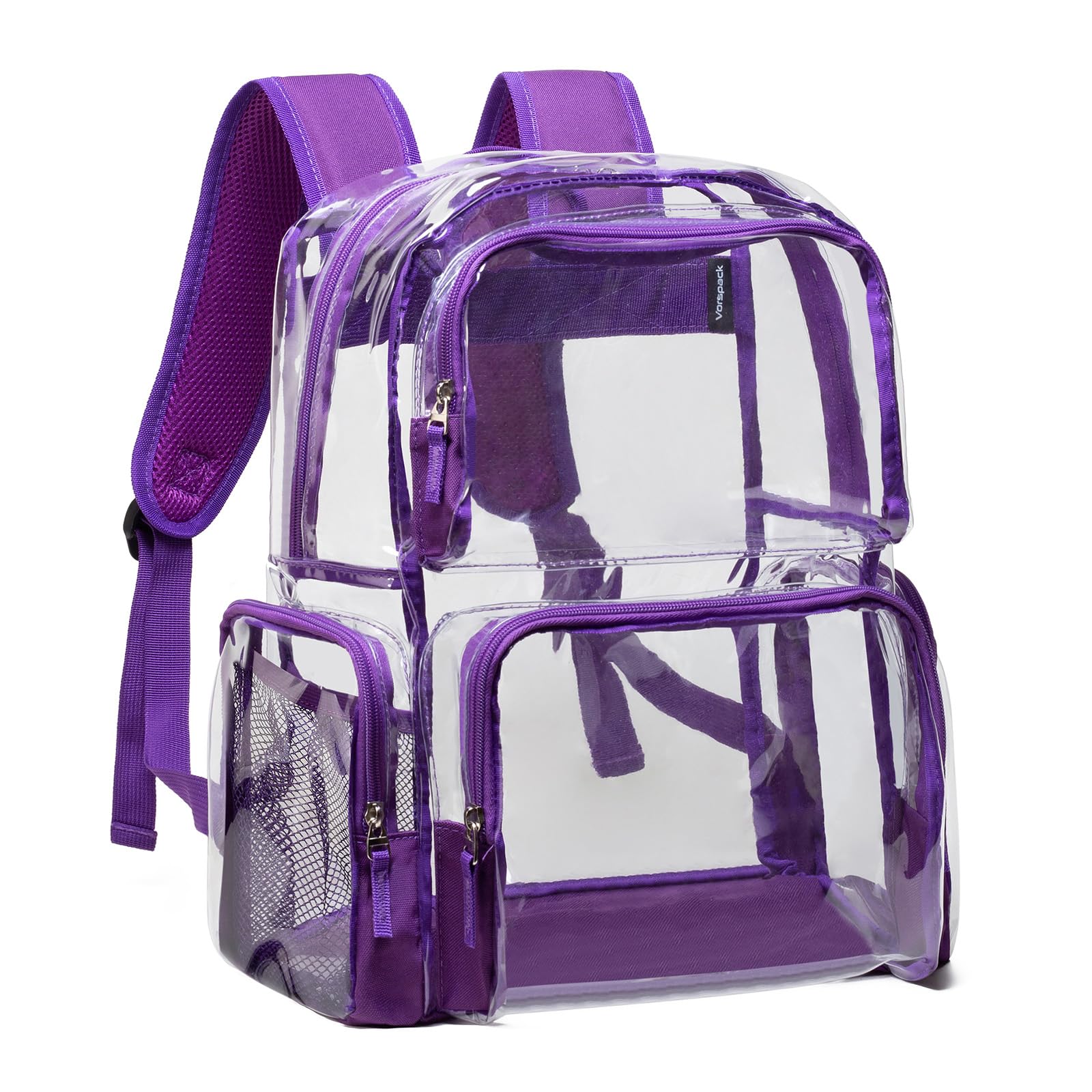 Vorspack Clear Backpack - Transparent Backpack with Reinforced Bottom & Multi-pockets for College Workplace Security - Purple