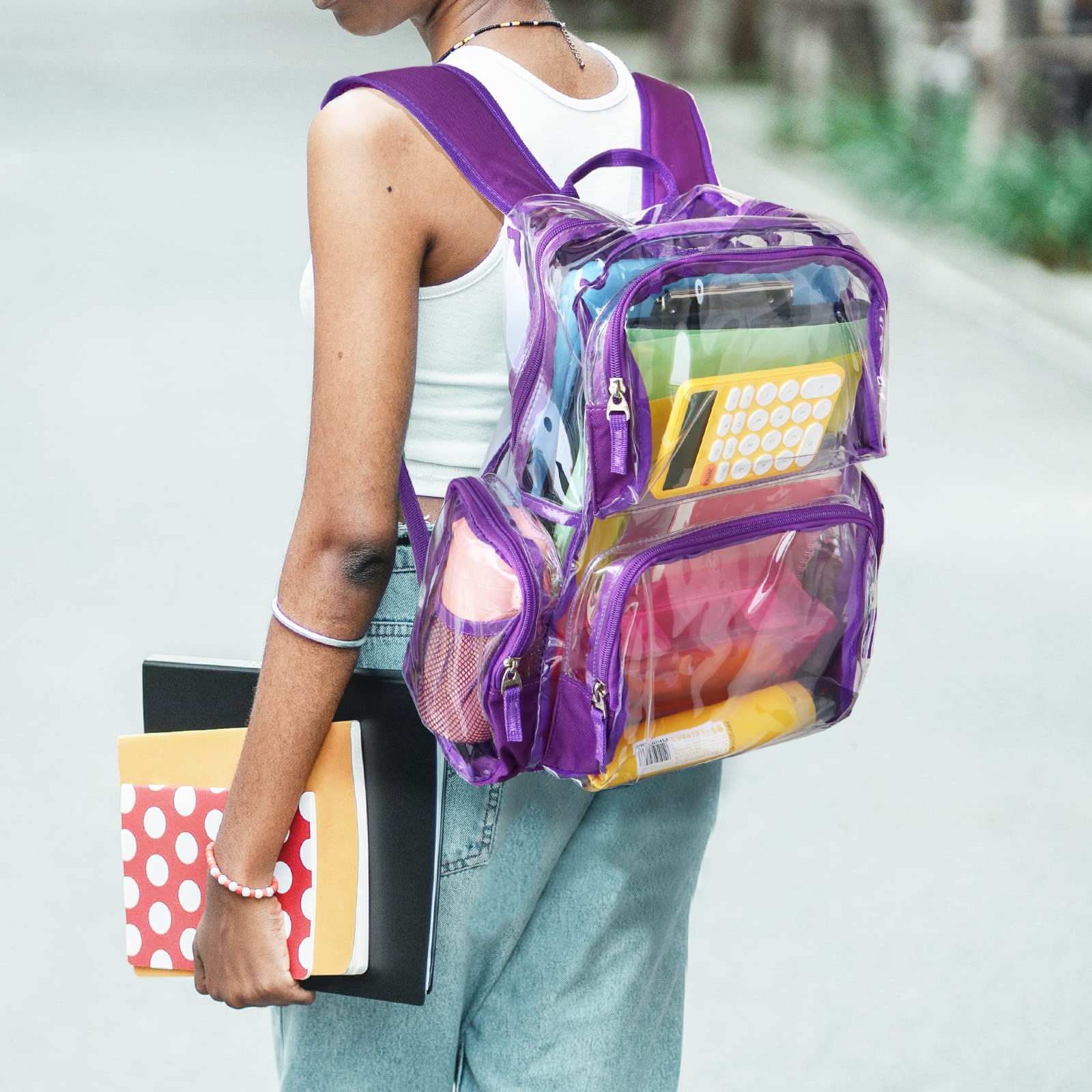 Vorspack Clear Backpack - Transparent Backpack with Reinforced Bottom & Multi-pockets for College Workplace Security - Purple