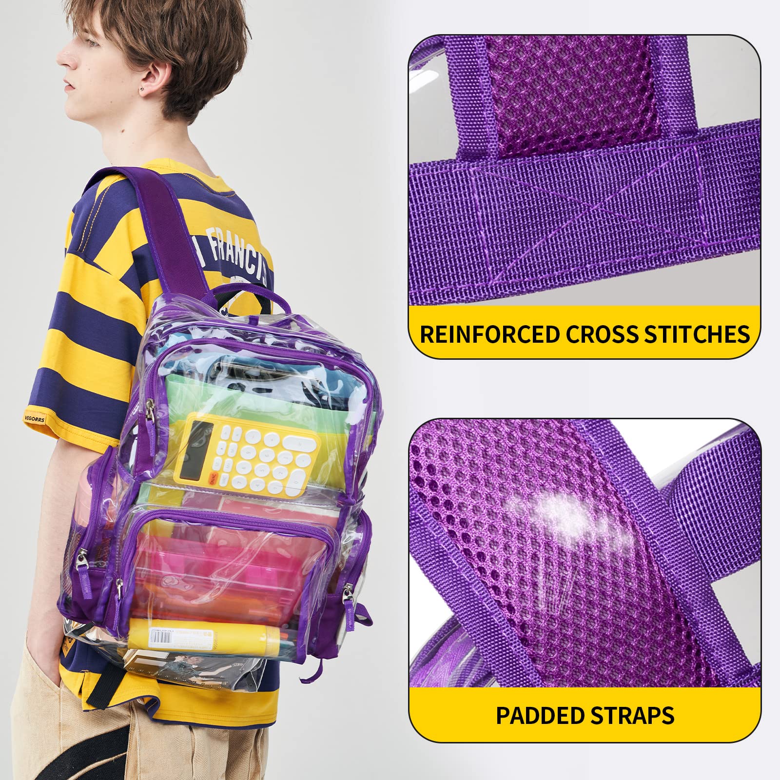 Vorspack Clear Backpack - Transparent Backpack with Reinforced Bottom & Multi-pockets for College Workplace Security - Purple