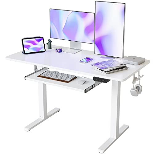 FEZIBO Standing Desk with Keyboard Tray, 48 × 24 Inches Electric Height Adjustable Desk, Sit Stand Up Desk, Computer Office Desk, White