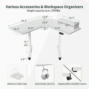 FEZIBO Corner Standing Desk, 48 Inches L Shaped Standing Desk, Electric Stand Up Corner Desk, Home Office Sit Stand Desk with White Top and White Frame