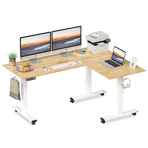 FEZIBO Triple Motor L-Shaped Electric Standing Desk, 63 Inches Height Adjustable Stand up Corner Desk, Sit Stand Workstation with Splice Board, White Frame/Natural Top