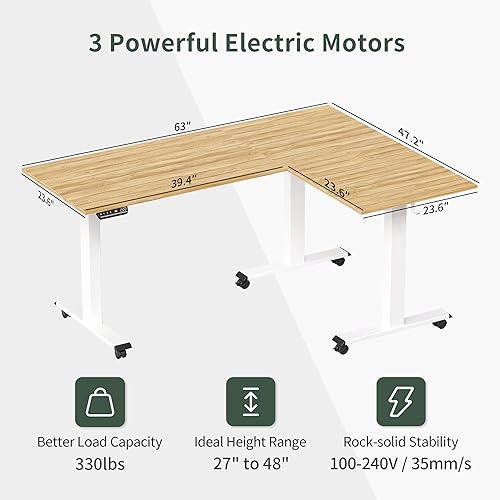 FEZIBO Triple Motor L-Shaped Electric Standing Desk, 63 Inches Height Adjustable Stand up Corner Desk, Sit Stand Workstation with Splice Board, White Frame/Natural Top