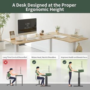 FEZIBO Triple Motor L-Shaped Electric Standing Desk, 63 Inches Height Adjustable Stand up Corner Desk, Sit Stand Workstation with Splice Board, White Frame/Natural Top