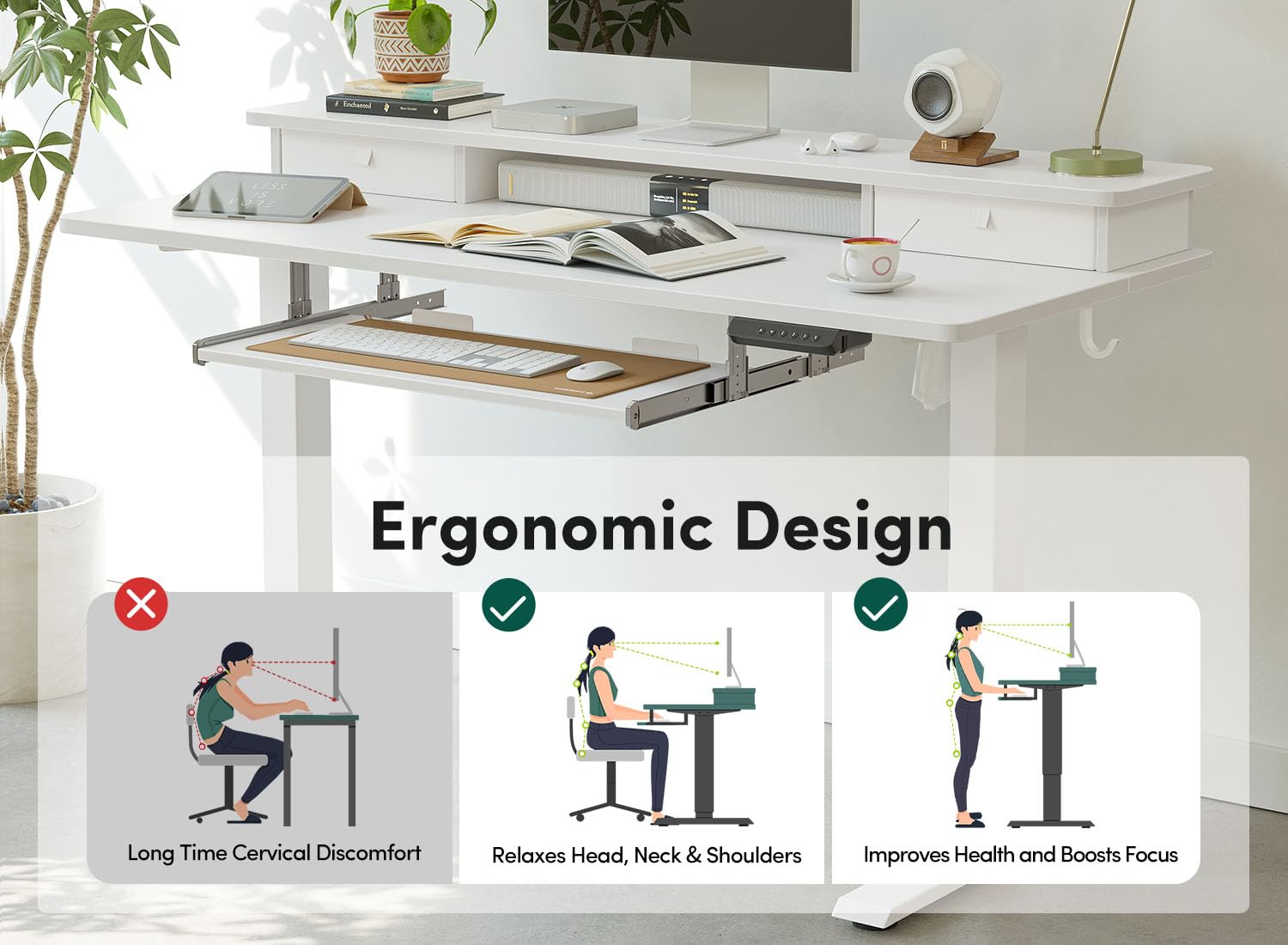 FEZIBO Standing Desk with Drawers, Adjustable Height Desk with Keyboard Tray, Stand Up Desk with Storage Shelf, 48 x 24 Inchs, White Top