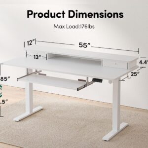 FEZIBO Standing Desk with Drawers, Adjustable Height Desk with Keyboard Tray, Stand Up Desk with Storage Shelf, 48 x 24 Inchs, White Top