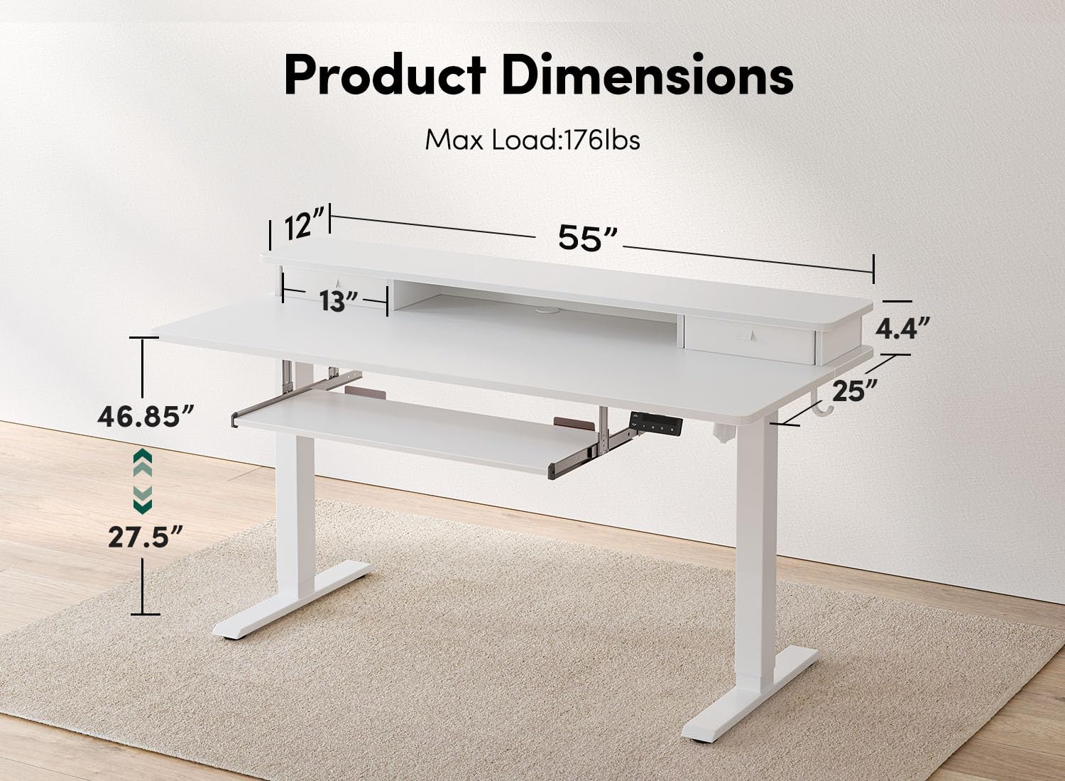 FEZIBO Standing Desk with Drawers, Adjustable Height Desk with Keyboard Tray, Stand Up Desk with Storage Shelf, 48 x 24 Inchs, White Top