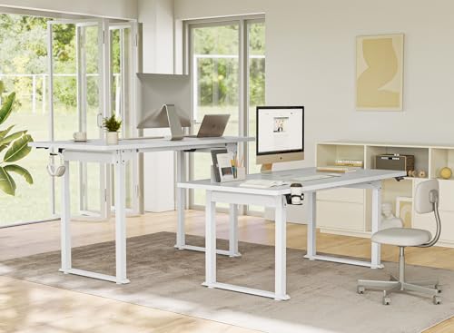 FEZIBO Standing Desk 4 Legs with Dual Motors, 63x29 Electric Standing Desk Adjustable Height with Strong stability, Stand up Desk with Whole-Piece Tabletop, White（2 Packeges）