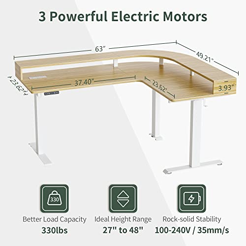 FEZIBO Triple Motor L Shaped Stadning Desk with LED Strip & Power Outrlets，63 inches Height Adjustable Stand up Corner Desk with Ergonomic Monitor Stand, White Frame/Natural Top