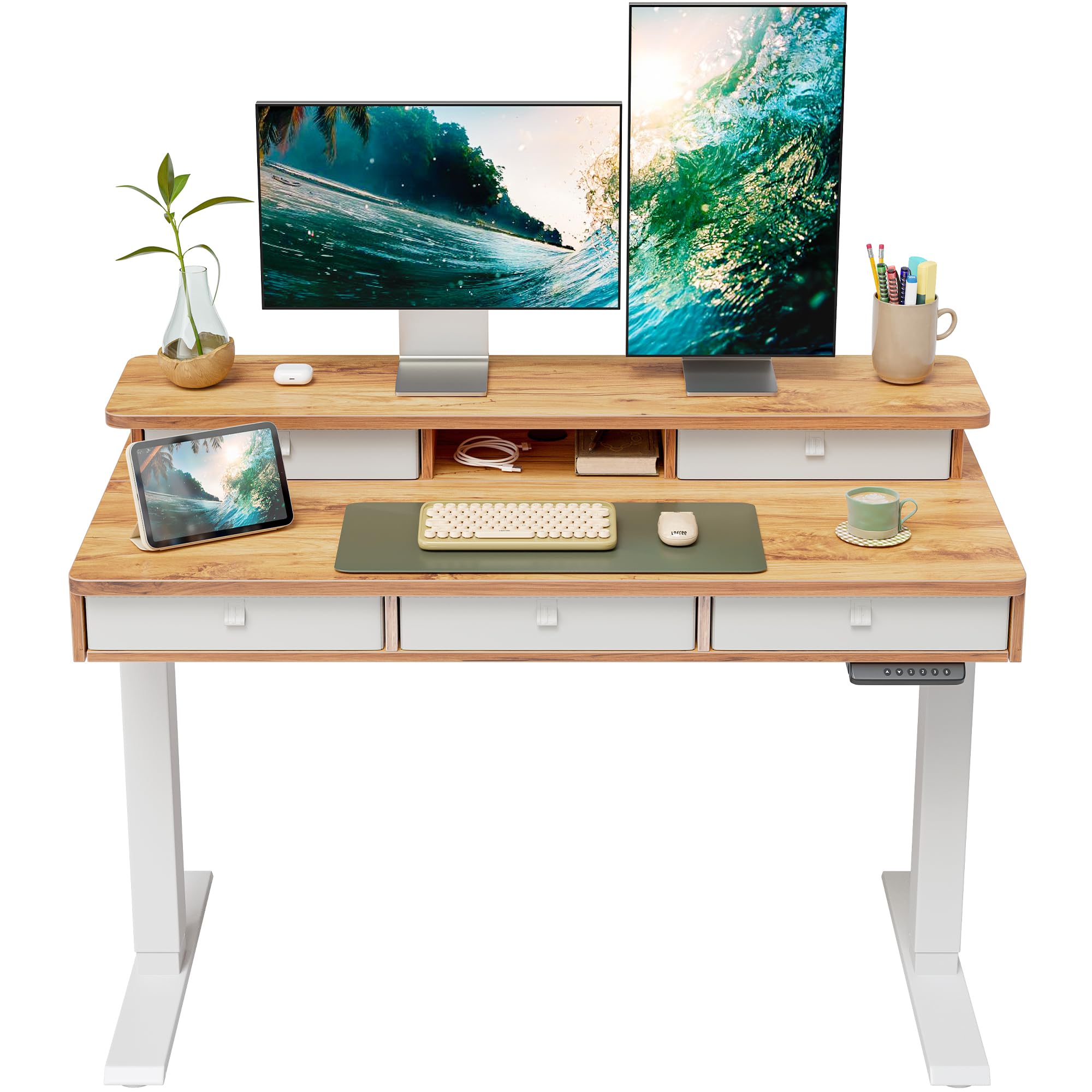 FEZIBO Height Adjustable Electric Standing Desk with 5 Drawers, 48 x 24 Inch Table with Storage Shelf, Sit Stand Desk White Frame/Light Rustic Top, 48 inch