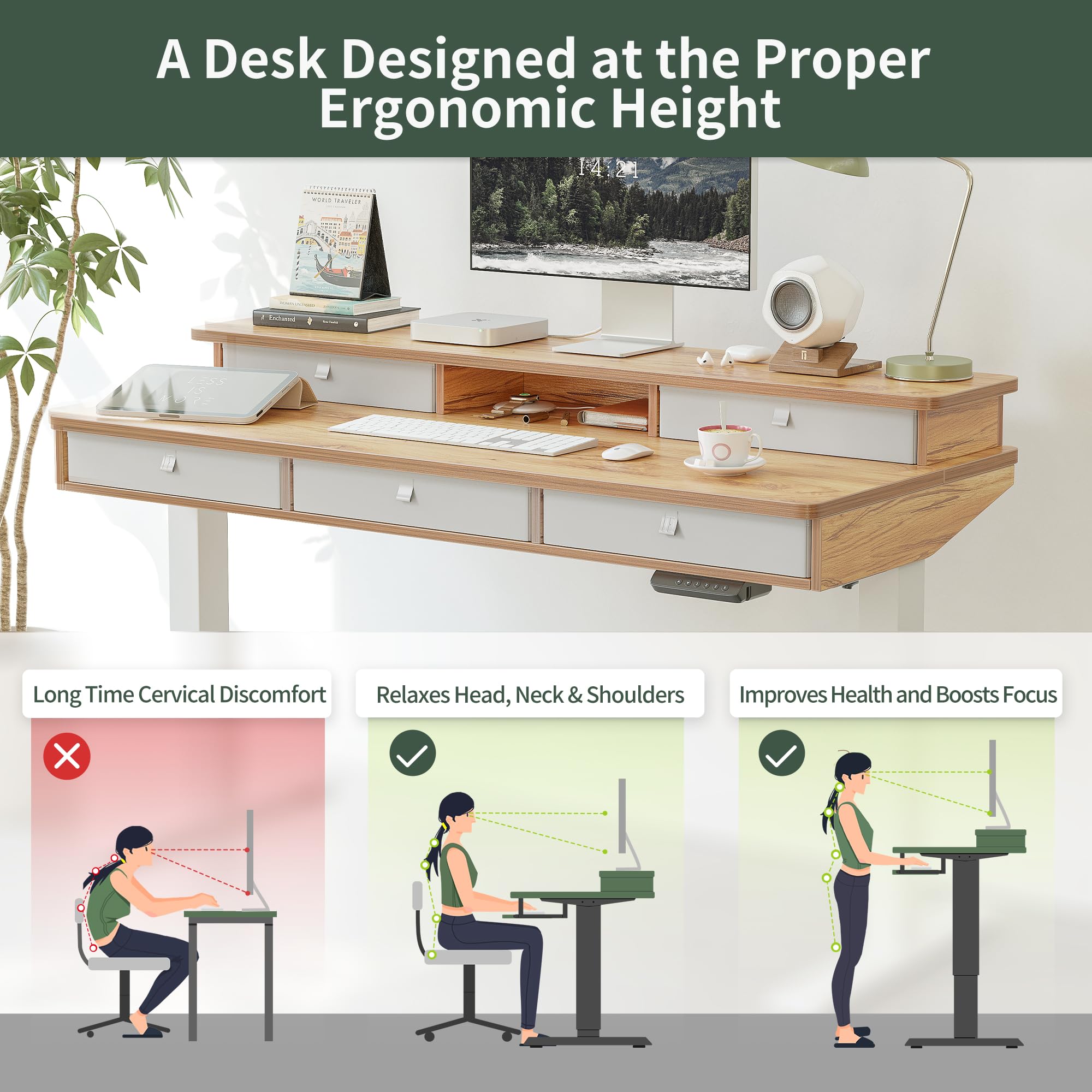 FEZIBO Height Adjustable Electric Standing Desk with 5 Drawers, 48 x 24 Inch Table with Storage Shelf, Sit Stand Desk White Frame/Light Rustic Top, 48 inch