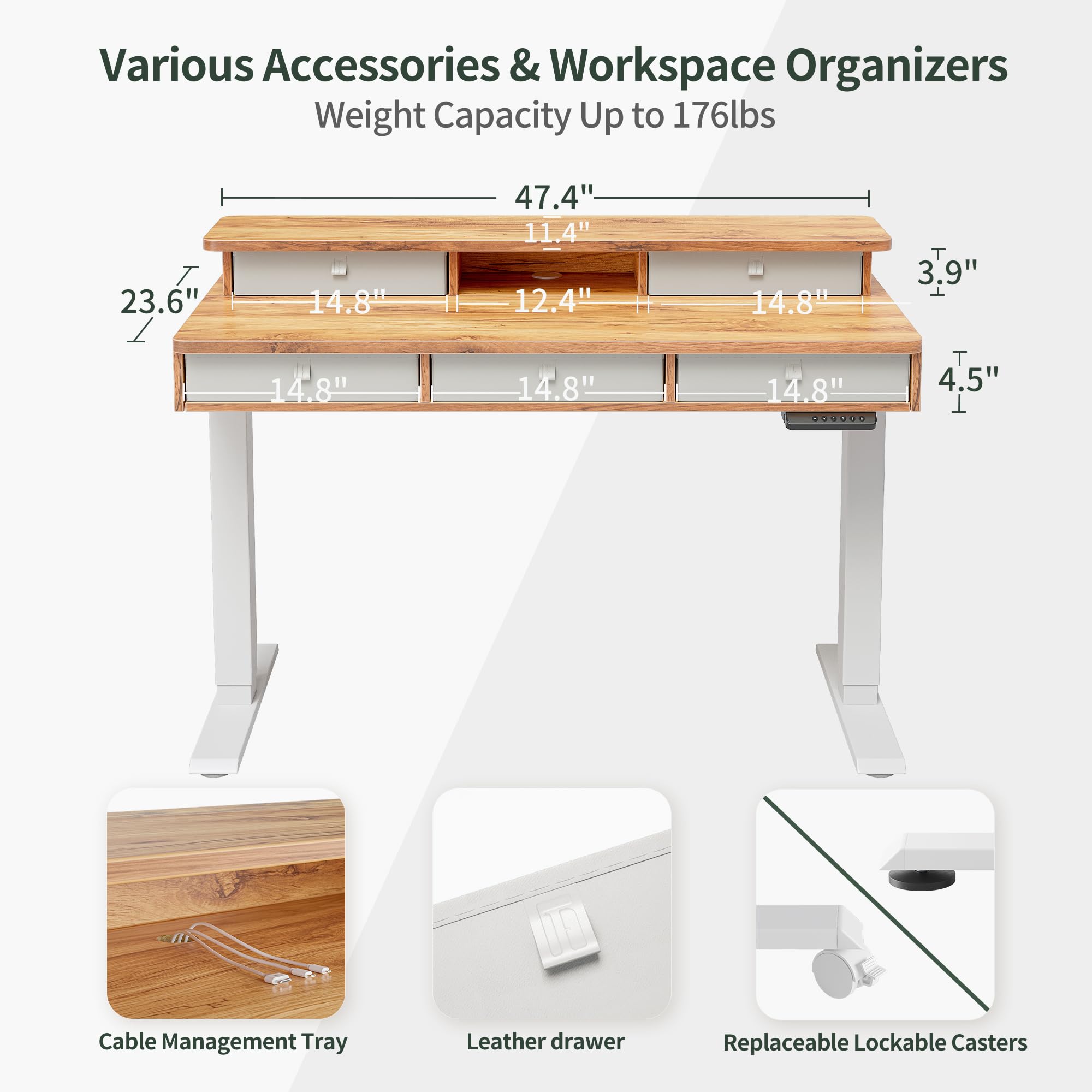 FEZIBO Height Adjustable Electric Standing Desk with 5 Drawers, 48 x 24 Inch Table with Storage Shelf, Sit Stand Desk White Frame/Light Rustic Top, 48 inch