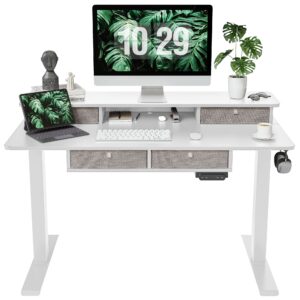 fezibo sturdy height adjustable electric standing desk with drawers, 48 x 24 inch stand up table with large storage shelf, sit stand desk, white top