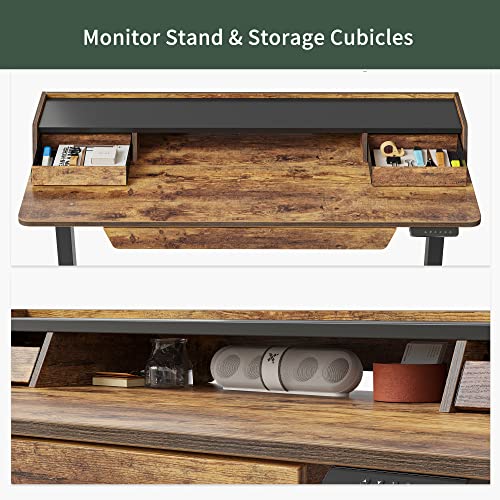 FEZIBO Standing Desk Adjustable Height with Drawers, 48 x 25 Inch Stand Up Desk with Storage Shelf, Electric Standing Desk with Storage Space, Rustic Brown Top/Black Frame