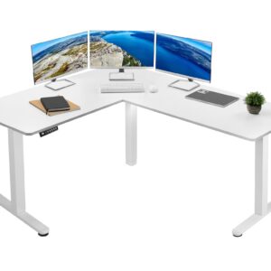 VIVO Electric Height Adjustable 63 x 55 inch Corner Stand Up Desk, White Table Top, White Frame, L-Shaped Standing Workstation, 3CT Series, DESK-E3CTW